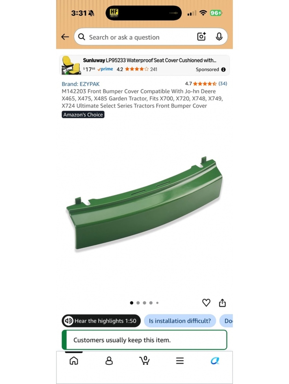 M142203 Front Bumper Cover Compatible with John Deere Ultimate Select Series Trs